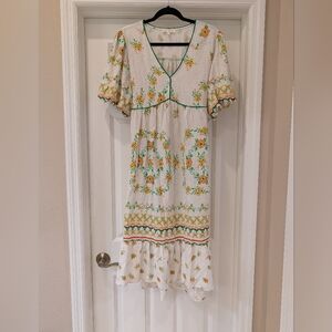 Fig & Flower Short Sleeve Floral Linen Blend Maxi Dress Size Small